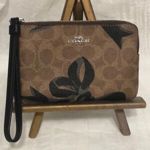 Coach Brown Signature Floral Wristlet with Black Trim